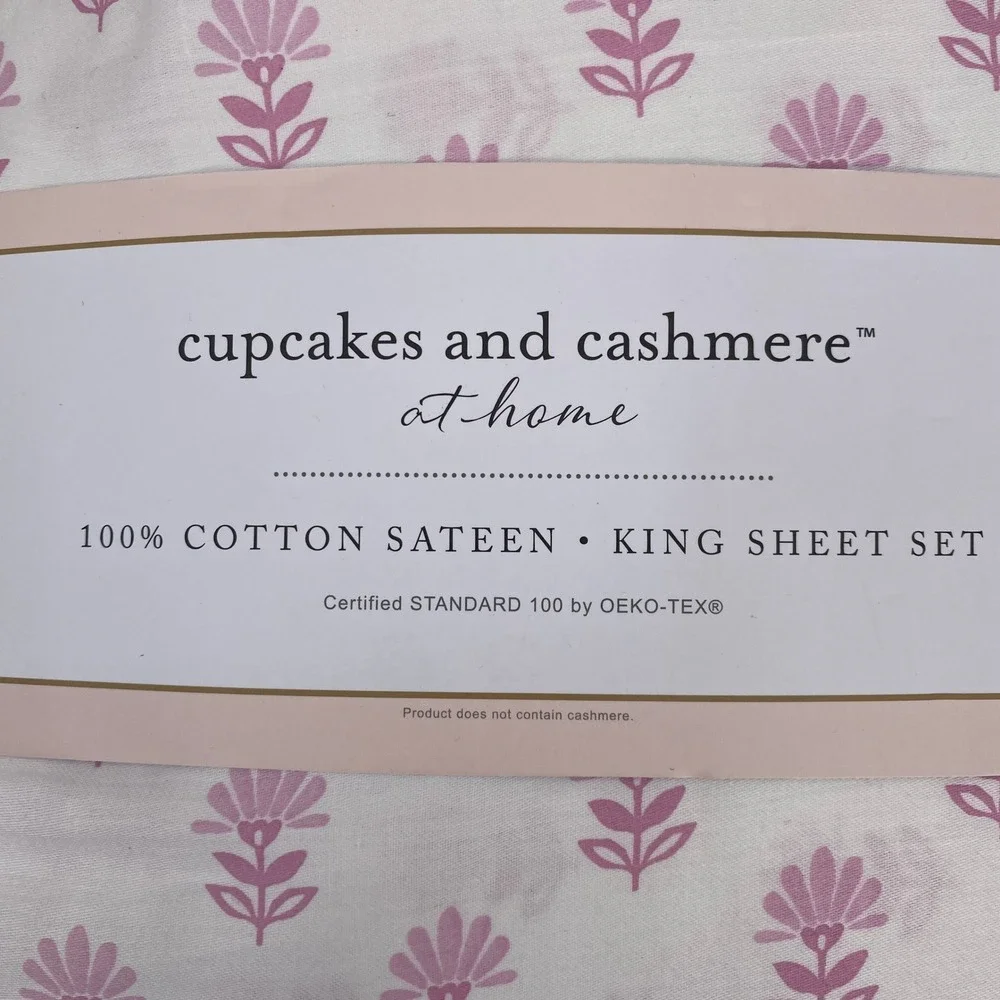Cupcakes and Cashmere Sheet Set King White Pink Floral 100% Cotton Sateen 4pc
